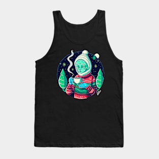 Christmas Funny Alien Drinking Coffee Wearing Sweater Tank Top